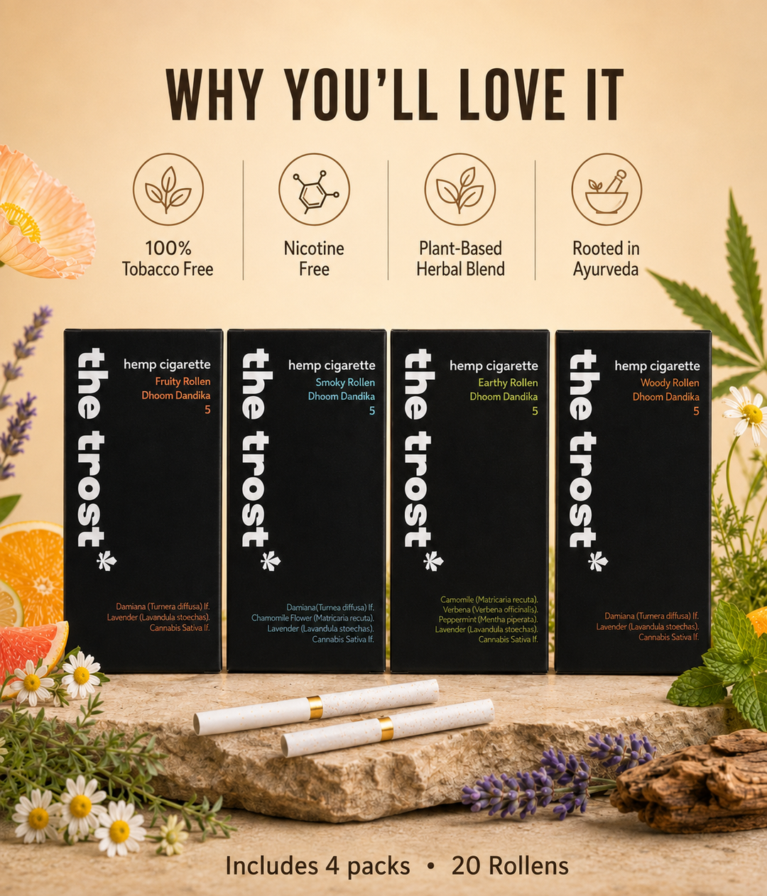 The Trost Rollens Complete Assorted Pack – Fruity, Smoky, Earthy & Woody | 20 Hemp Herbal Rollens