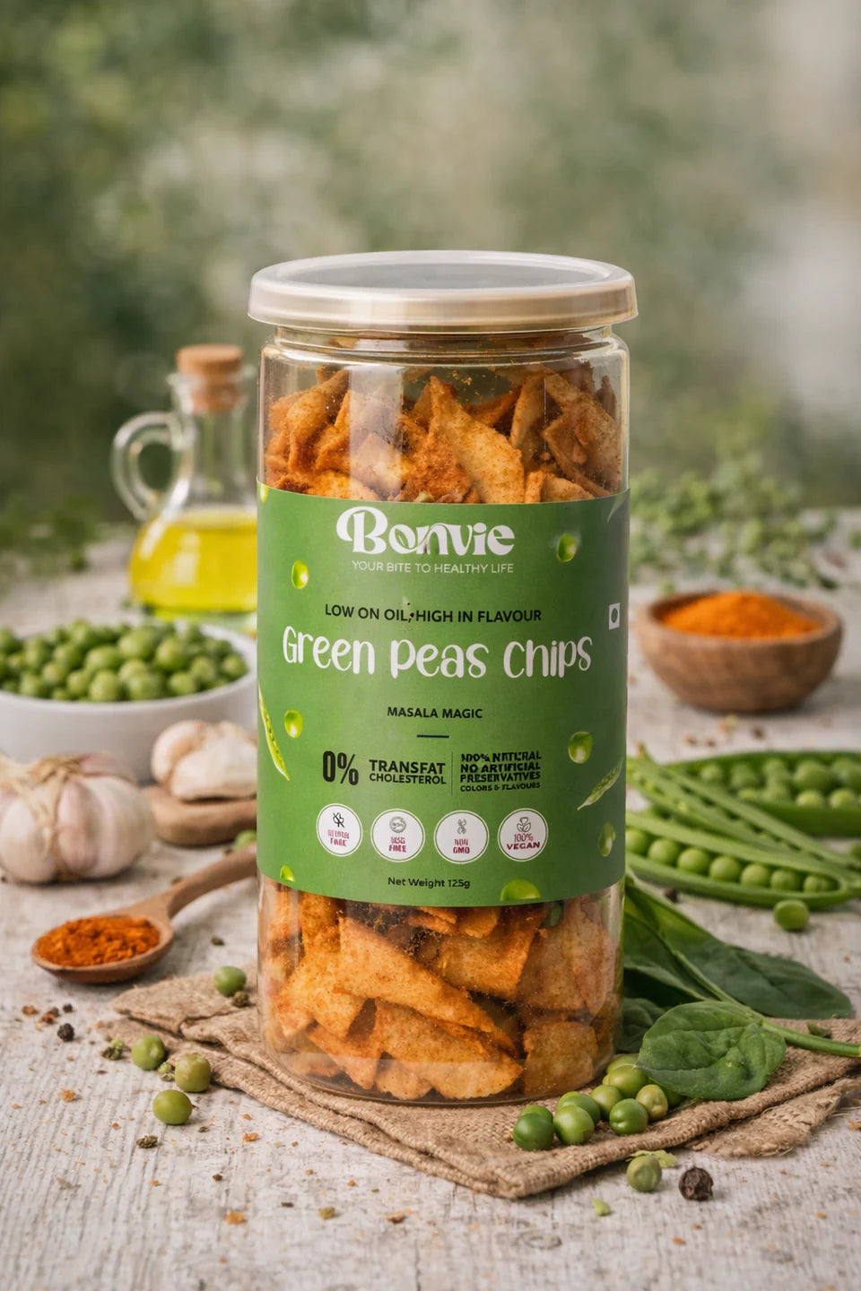 Bonvie Green Peas Chips - Masala Magic Pack of 3