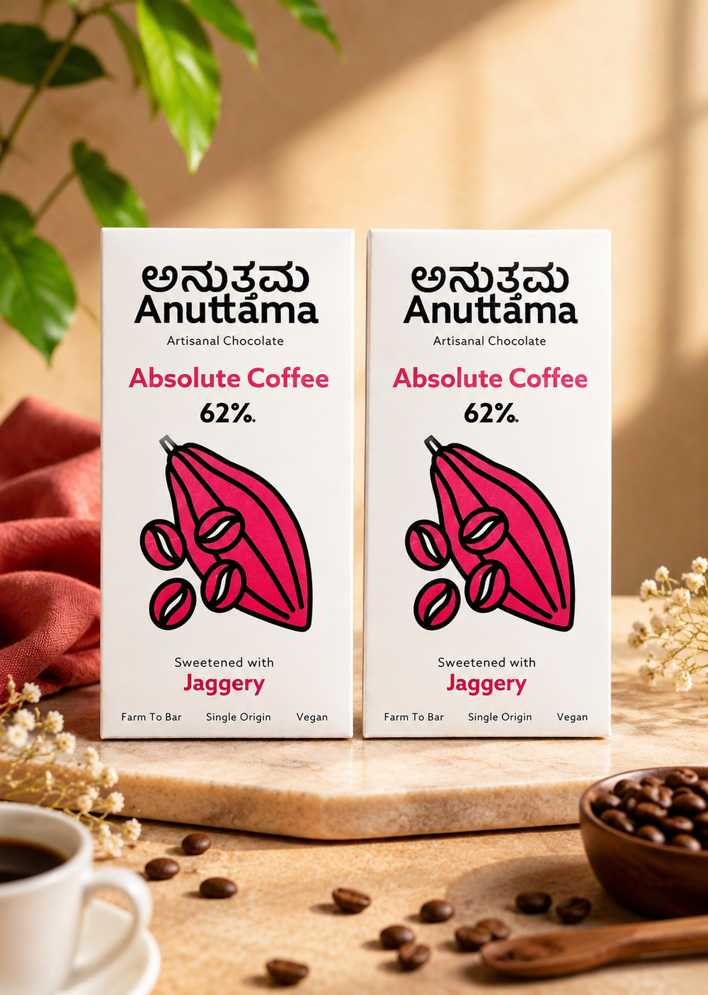 ANUTTAMA Dark Chocolate Absolute Coffee Pack of 2 - 62% Cocoa - Vegan Chocolate Bar - 50 gm
