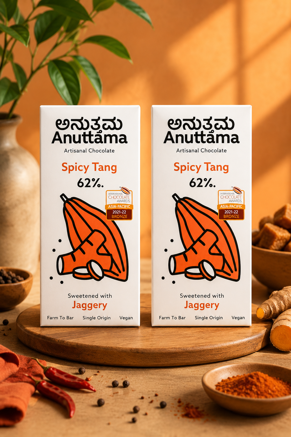 ANUTTAMA Spicy Tang Dark Chocolate - 62% Cocoa - Dried Ginger and Pepper - Vegan Chocolate Bar 50 gm
