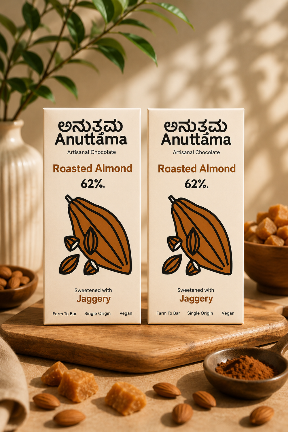 ANUTTAMA Roasted Almond Dark Chocolate Pack of 2 - 62% Cocoa Roasted Almonds - Vegan Dark Chocolate - Pack of 2 - 50 gm Each