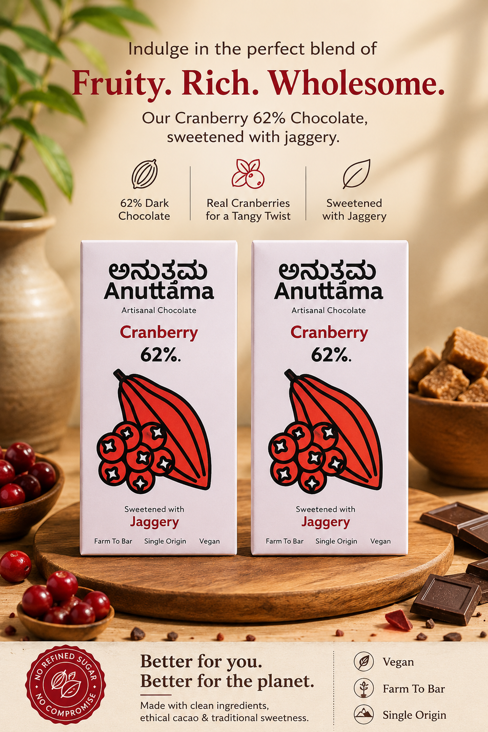ANUTTAMA Cranberry Dark Chocolate - 62% Cocoa & Cranberry - Vegan Chocolate Bar 50 gm