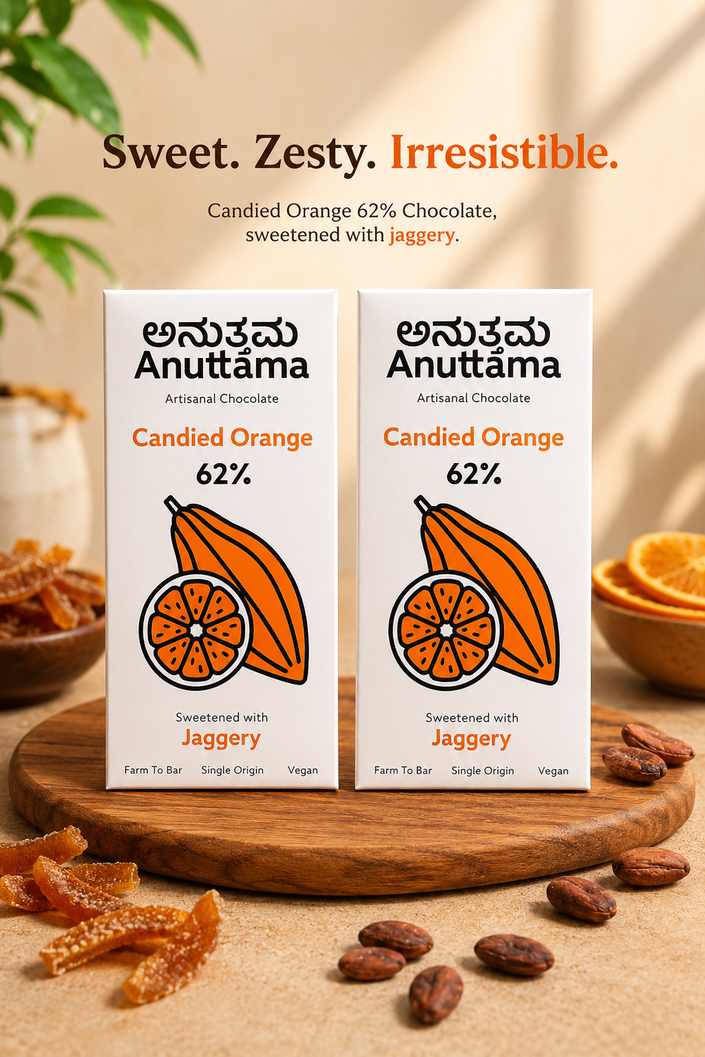 ANUTTAMA Candied Orange Dark Chocolate Bar - 62% Cocoa & Candied Orange - Vegan Chocolate Bar 50 gm