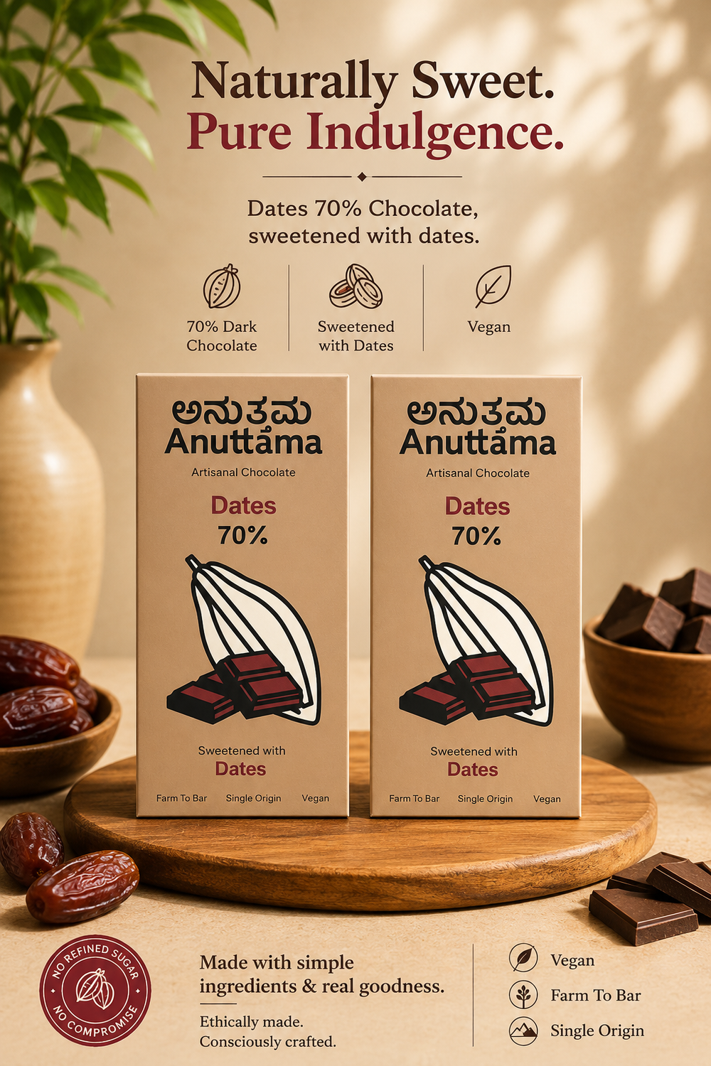 ANUTTAMA Dates Dark Chocolate - 70% Cocoa - Vegan Chocolate Bar 50 gm