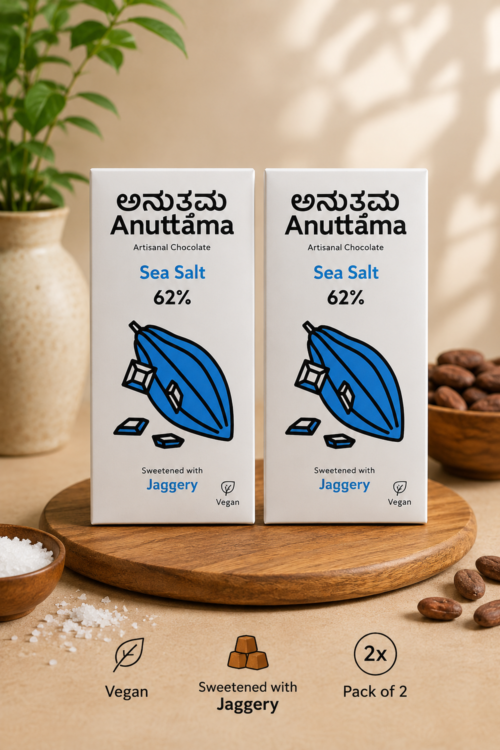 ANUTTAMA Sea Salt Dark Chocolate - 62% Cocoa - Vegan Chocolate Bar 50 gm