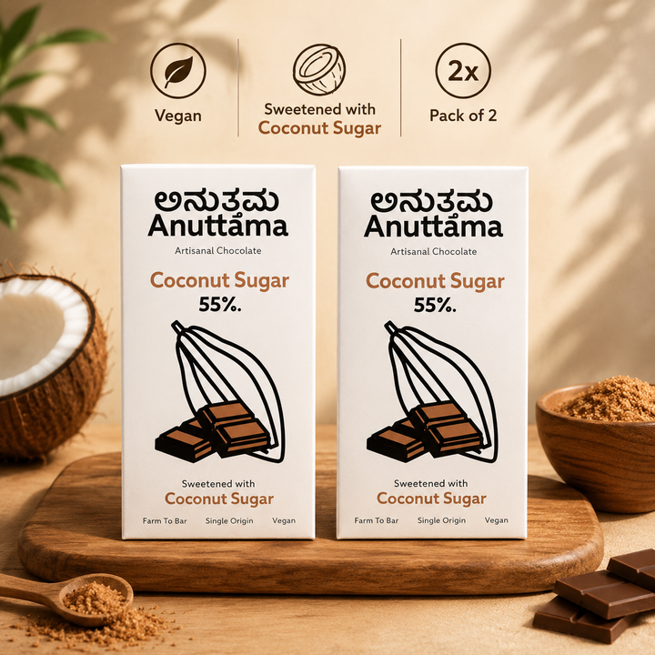 ANUTTAMA Coconut Sugar Dark Chocolate - 55% Cocoa -  Chocolate Bar - 50 gm