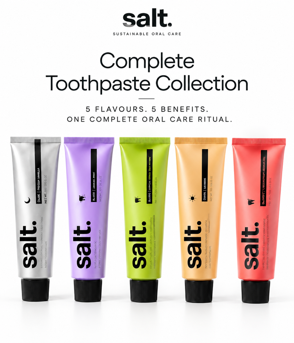 Salt Oral Care Premium Toothpaste Combo 100g Each - Pack of 5 for Adults – Whitening, Sensitivity & Charcoal | Nano Hydroxyapatite | Fluoride Free | Complete Morning & Night Oral Care