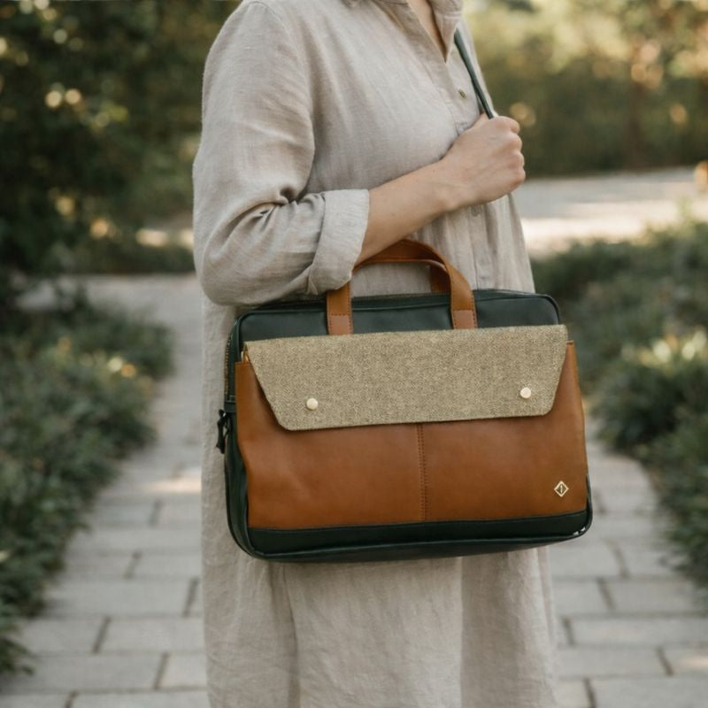 Green Hermitage Willow Vegan Leather Laptop Sleeve - Tan