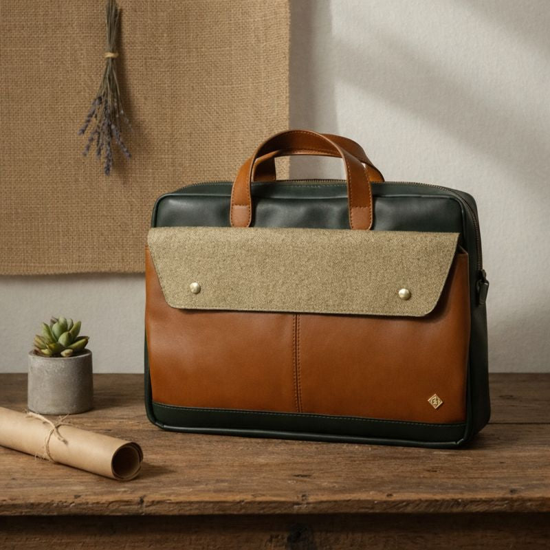 Green Hermitage Willow Vegan Leather Laptop Sleeve - Tan
