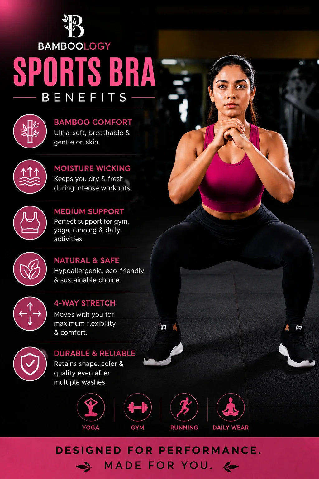 Bamboo Fabric Sports Bra Ultra-Soft | Non-Wired | Non-Padded | Breathable Active Comfort | Fuchsia