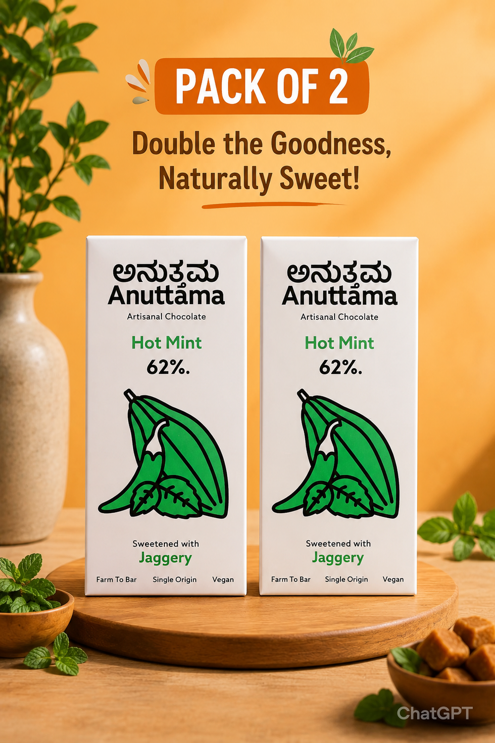 ANUTTAMA Dark Chocolate Hot Mint - 62% Cocoa Chocolate Bar 50 gm