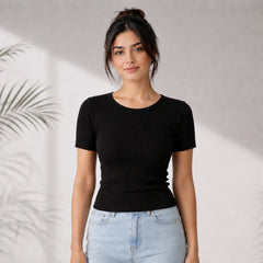 Elegant Bamboo Rib fabric Half Sleeves Top For Women | Black