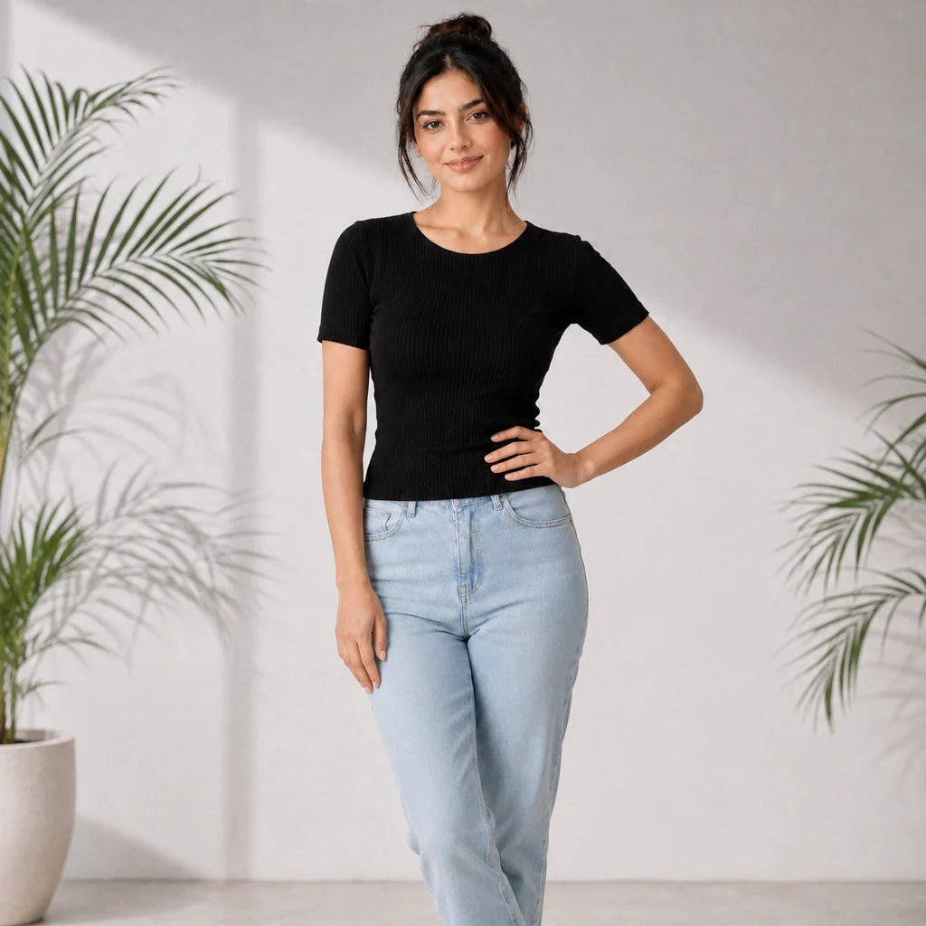 Elegant Bamboo Rib fabric Half Sleeves Top For Women | Black