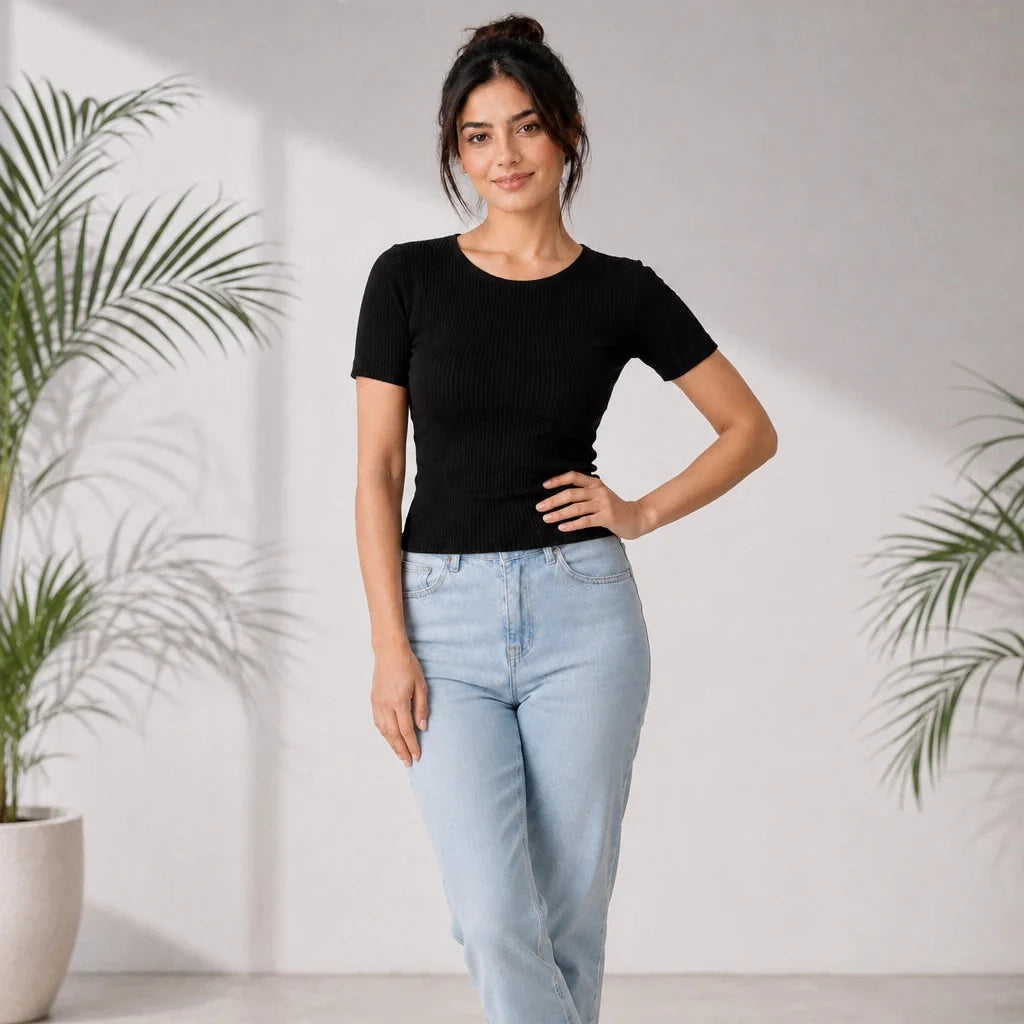 Elegant Bamboo Rib fabric Half Sleeves Top For Women | Black