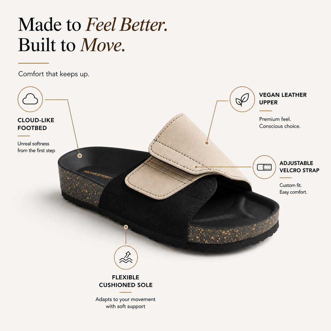 Monkstory Escape Panel Strap Cork Slides – Beige/Black