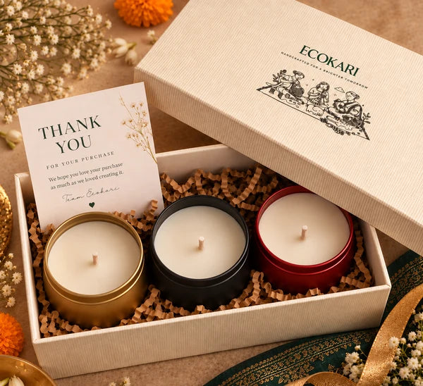 EcoKari Saanjh – The Festive Candle Trio | Soy Wax Scented Candle Set of 3 | Diwali & Festive Home Décor Gift Set