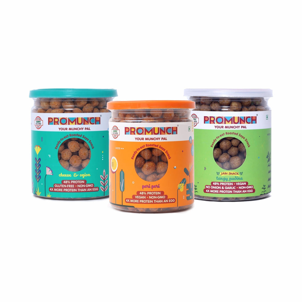 Promunch Protein Snacks Variety Pack | Cheese & Onion, Peri Peri & Tangy Pudina | 150g x 3