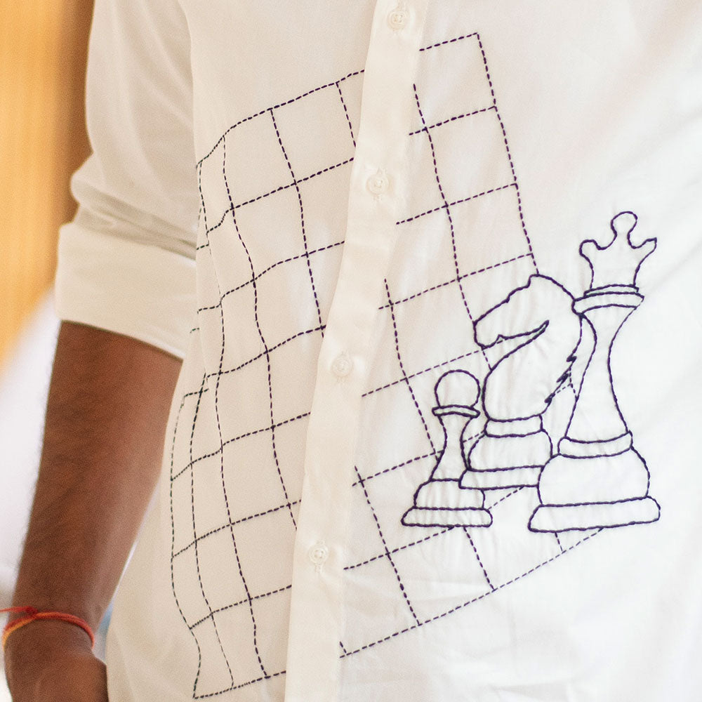 Chess Embroidered Organic Cotton Men Shirt - White