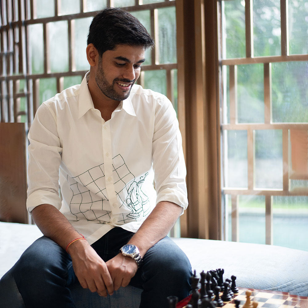 Chess Embroidered Organic Cotton Men Shirt - White