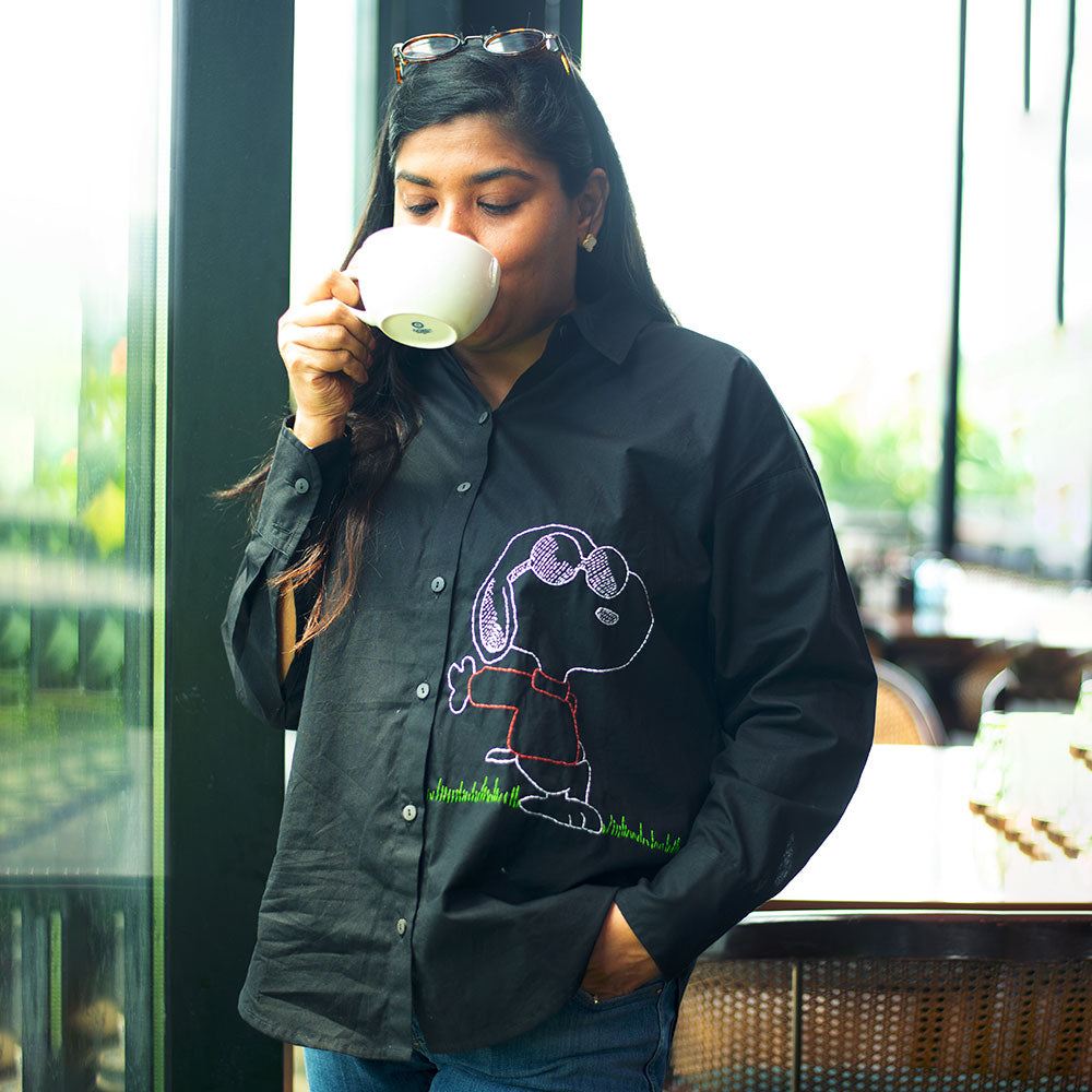 Chill Dog Embroidered Organic Cotton Women Shirt - Black