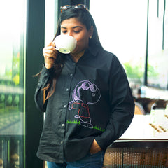 Chill Dog Embroidered Organic Cotton Women Shirt - Black