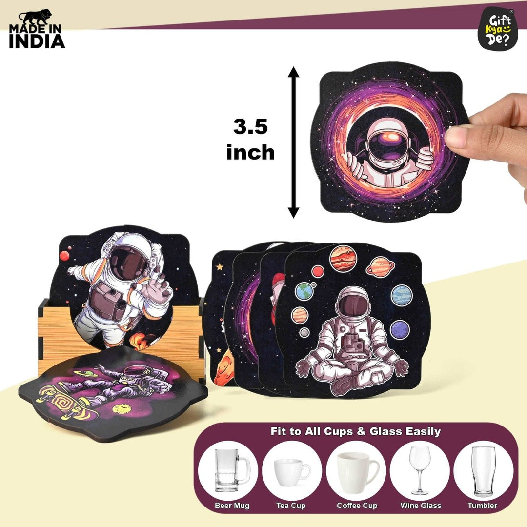 Gift Kya De Coaster Set of 6 Mayan Art & Astronaut Design | Wooden Coasters to Serve Tea Cups, Coffee Mugs and Glasses