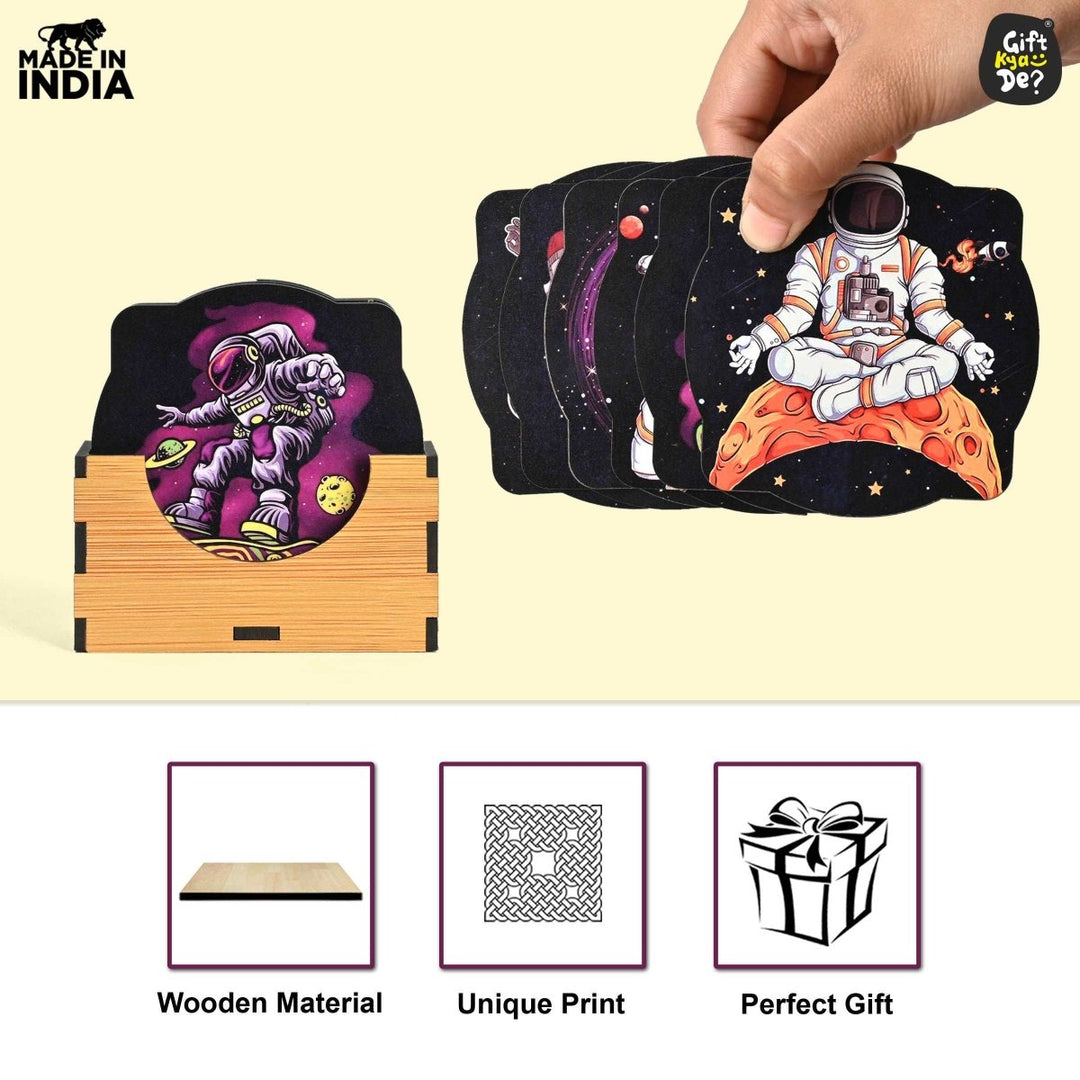 Gift Kya De Coaster Set of 6 Mayan Art & Astronaut Design | Wooden Coasters to Serve Tea Cups, Coffee Mugs and Glasses