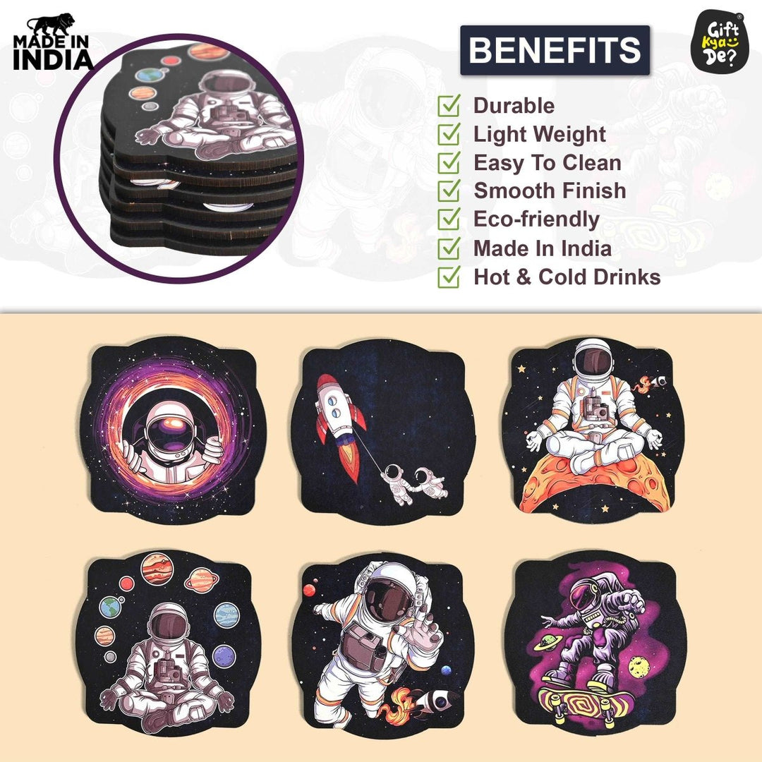Gift Kya De Coaster Set of 6 Mayan Art & Astronaut Design | Wooden Coasters to Serve Tea Cups, Coffee Mugs and Glasses