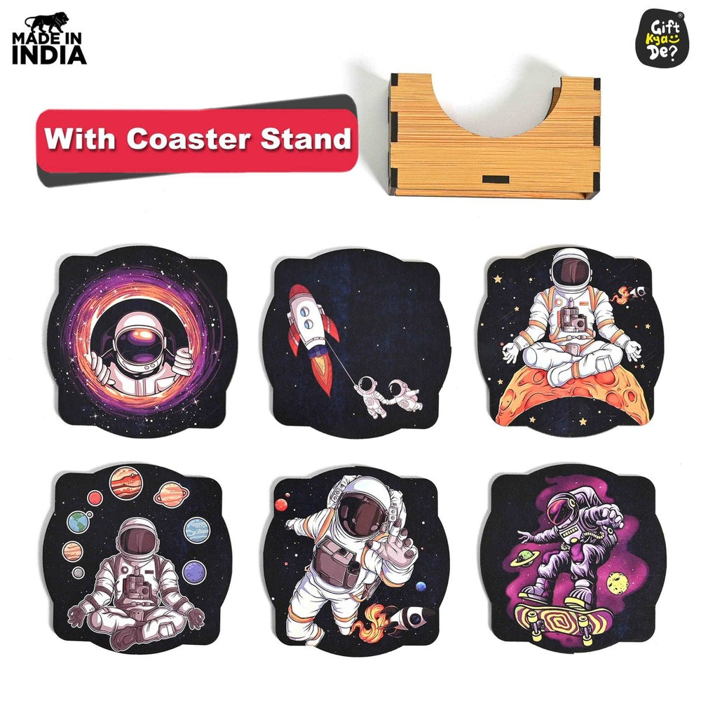 Gift Kya De Coaster Set of 6 Mayan Art & Astronaut Design | Wooden Coasters to Serve Tea Cups, Coffee Mugs and Glasses