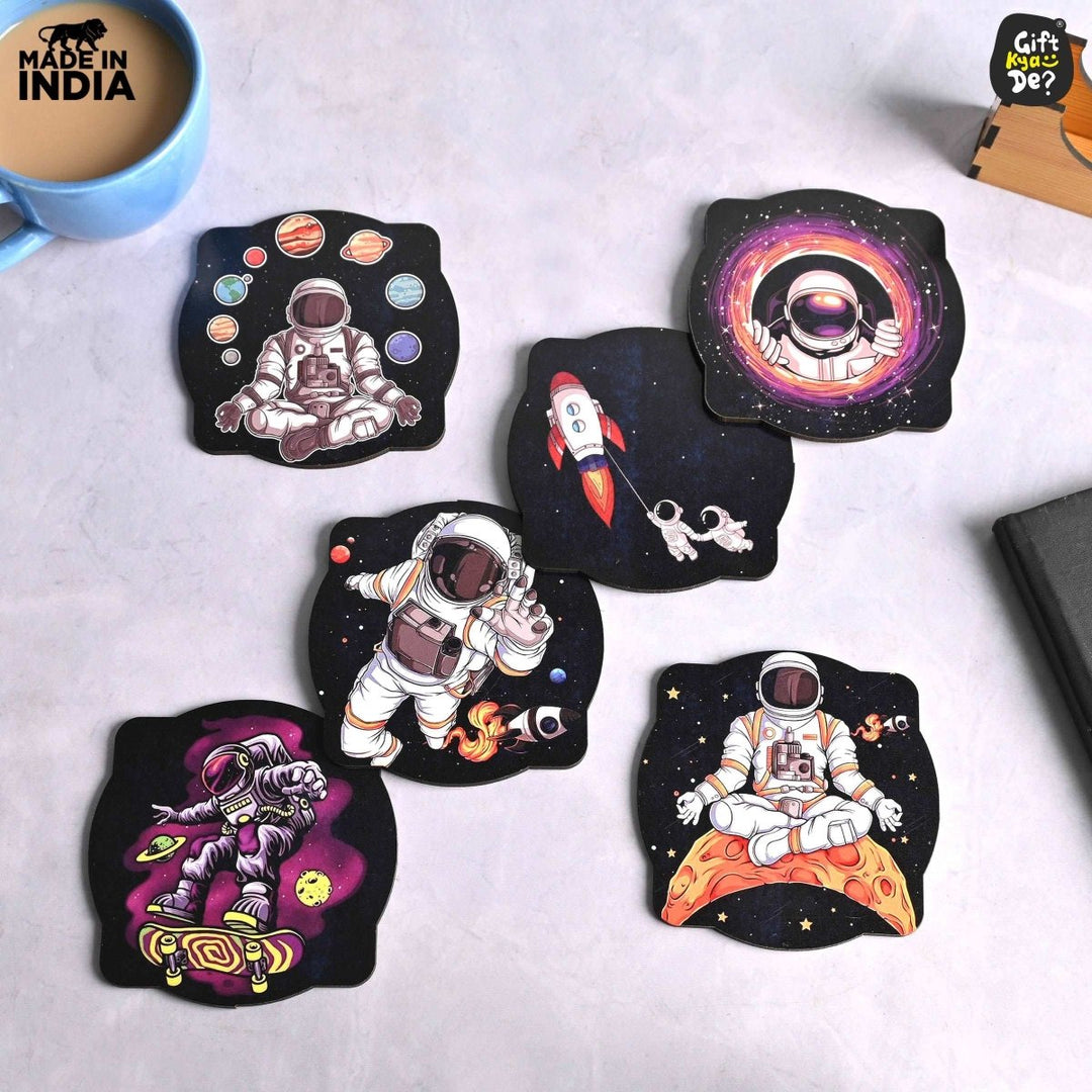 Gift Kya De Coaster Set of 6 Mayan Art & Astronaut Design | Wooden Coasters to Serve Tea Cups, Coffee Mugs and Glasses