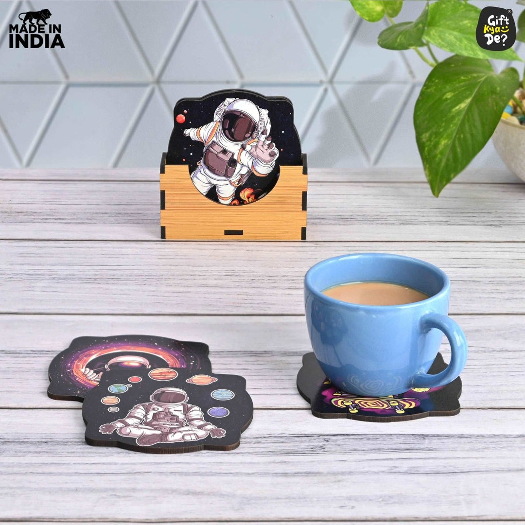 Gift Kya De Coaster Set of 6 Mayan Art & Astronaut Design | Wooden Coasters to Serve Tea Cups, Coffee Mugs and Glasses