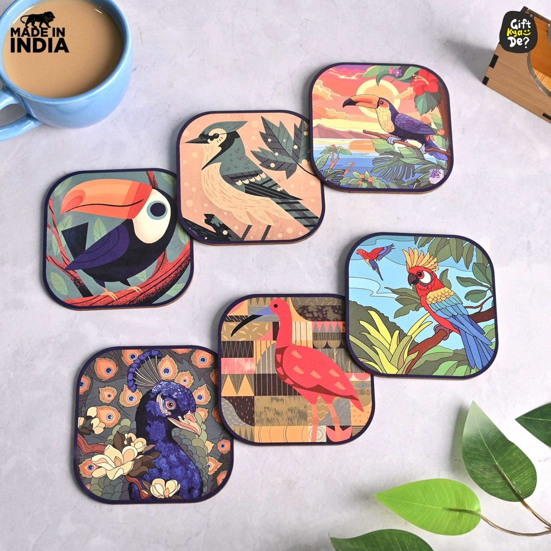 Gift Kya De Coaster Set of 6 Unique Birds & Jungle Theme Design | Wooden Coasters to Serve Tea Cups, Coffee Mugs and Glasses (Ecofriendly)