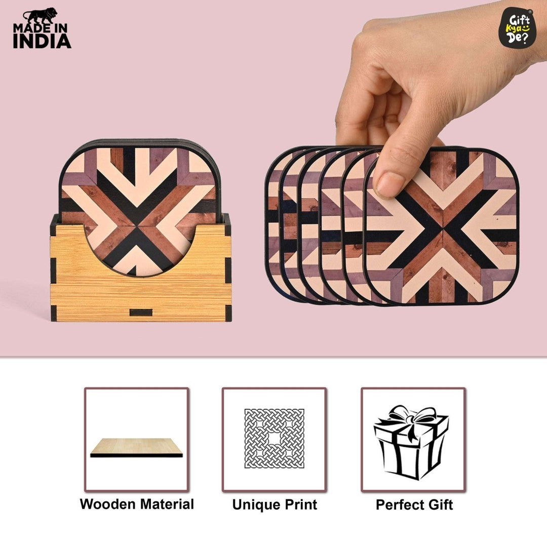 Gift Kya De Coaster Set of 6 Chevron Design | Wooden Coasters With Coaster Stand | Kitchen Accessories (Ecofriendly)