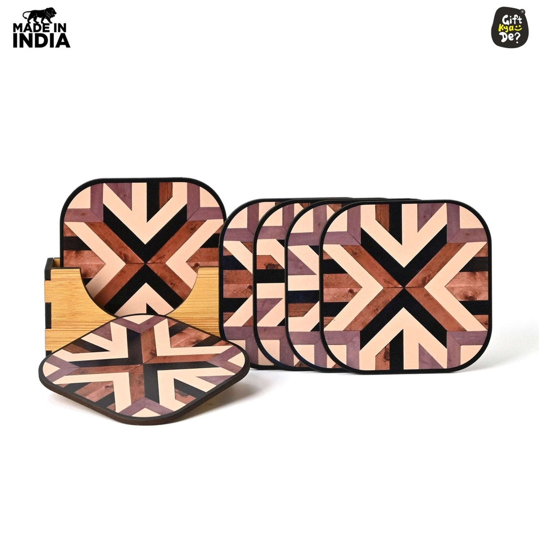 Gift Kya De Coaster Set of 6 Chevron Design | Wooden Coasters With Coaster Stand | Kitchen Accessories (Ecofriendly)