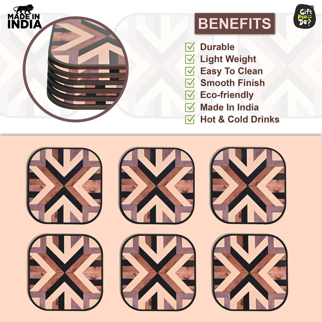 Gift Kya De Coaster Set of 6 Chevron Design | Wooden Coasters With Coaster Stand | Kitchen Accessories (Ecofriendly)