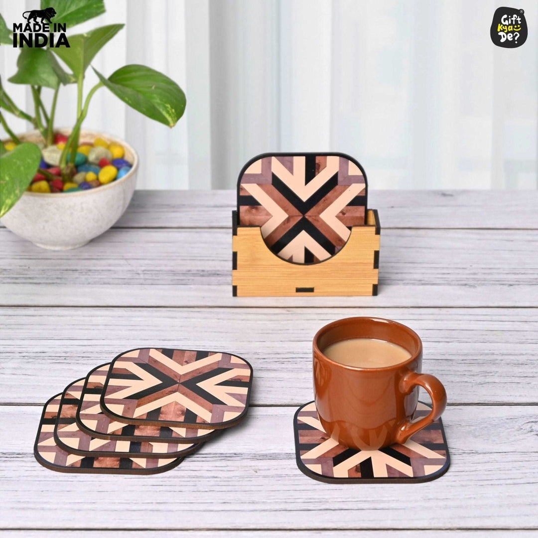 Gift Kya De Coaster Set of 6 Chevron Design | Wooden Coasters With Coaster Stand | Kitchen Accessories (Ecofriendly)