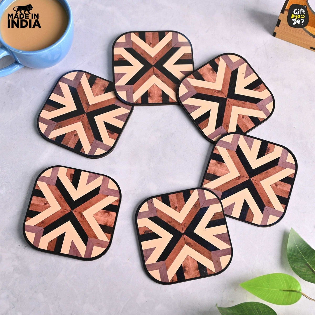 Gift Kya De Coaster Set of 6 Chevron Design | Wooden Coasters With Coaster Stand | Kitchen Accessories (Ecofriendly)