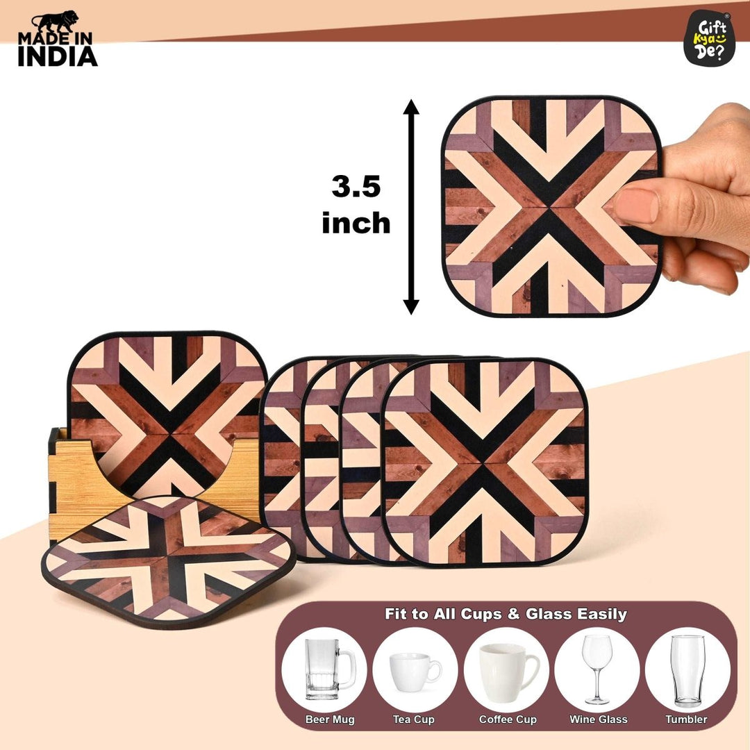 Gift Kya De Coaster Set of 6 Chevron Design | Wooden Coasters With Coaster Stand | Kitchen Accessories (Ecofriendly)