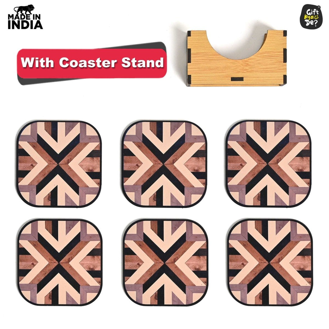 Gift Kya De Coaster Set of 6 Chevron Design | Wooden Coasters With Coaster Stand | Kitchen Accessories (Ecofriendly)