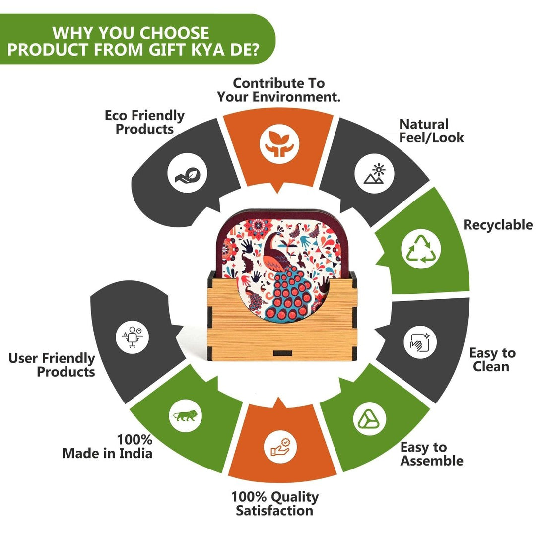 Gift Kya De Coaster Set of 6 Vibrant & Colorful India Design | Wooden Coasters With Coaster Stand | Kitchen Accessories (Ecofriendly)