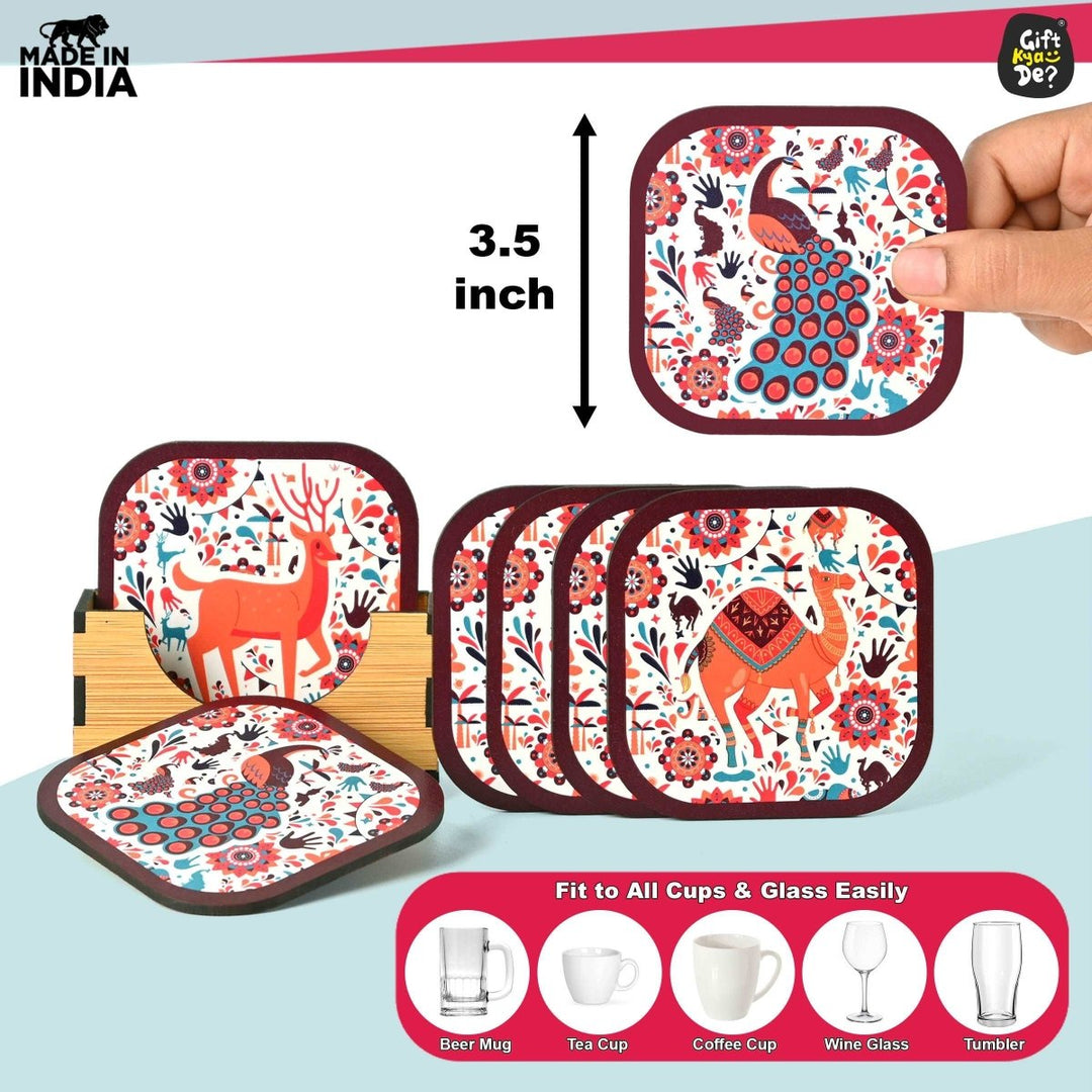 Gift Kya De Coaster Set of 6 Vibrant & Colorful India Design | Wooden Coasters With Coaster Stand | Kitchen Accessories (Ecofriendly)