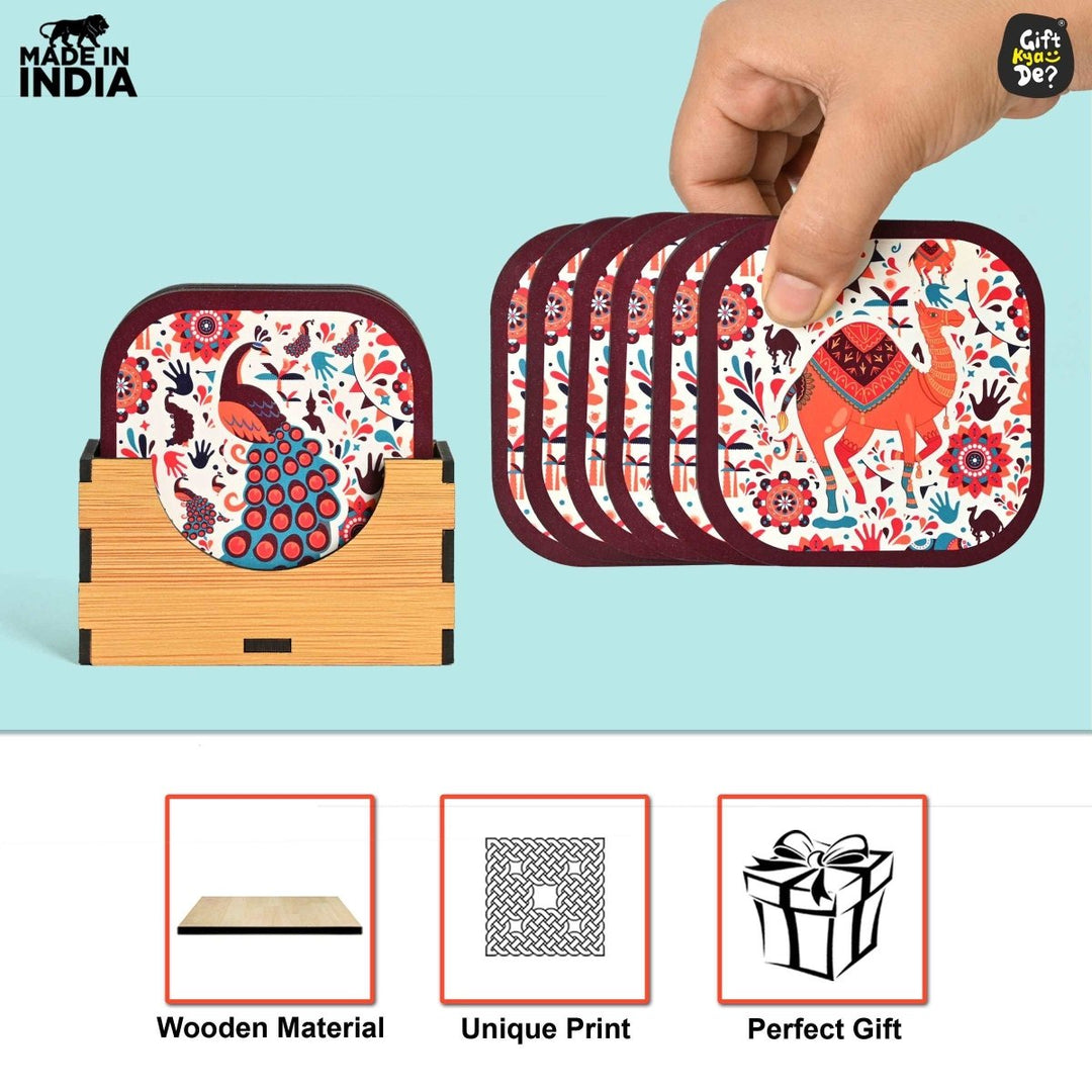 Gift Kya De Coaster Set of 6 Vibrant & Colorful India Design | Wooden Coasters With Coaster Stand | Kitchen Accessories (Ecofriendly)