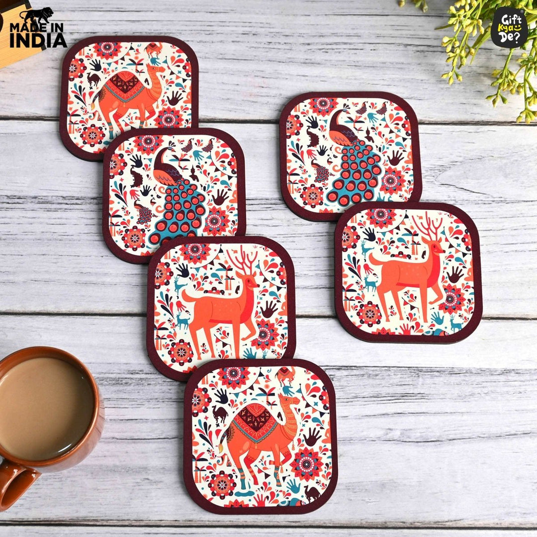 Gift Kya De Coaster Set of 6 Vibrant & Colorful India Design | Wooden Coasters With Coaster Stand | Kitchen Accessories (Ecofriendly)