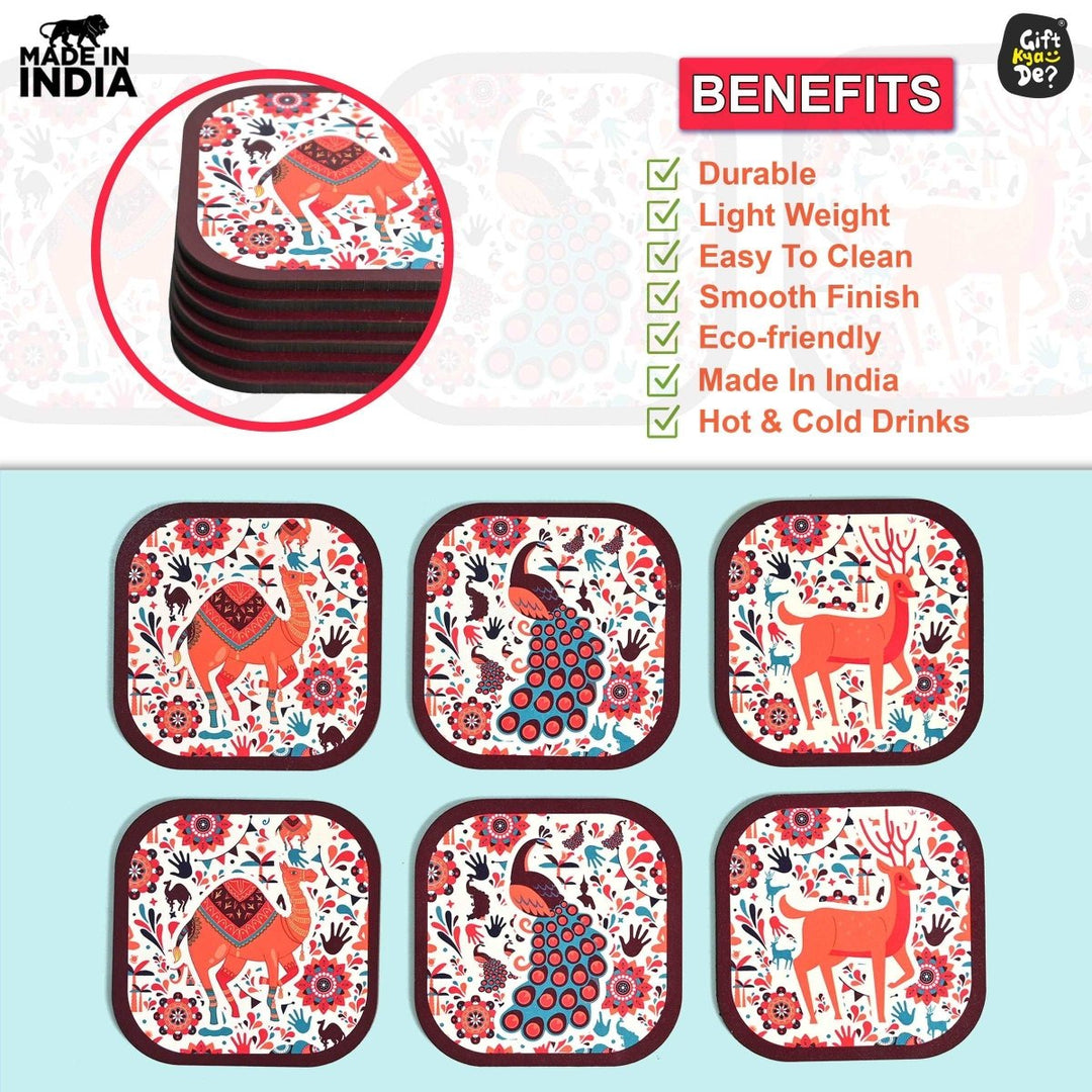Gift Kya De Coaster Set of 6 Vibrant & Colorful India Design | Wooden Coasters With Coaster Stand | Kitchen Accessories (Ecofriendly)