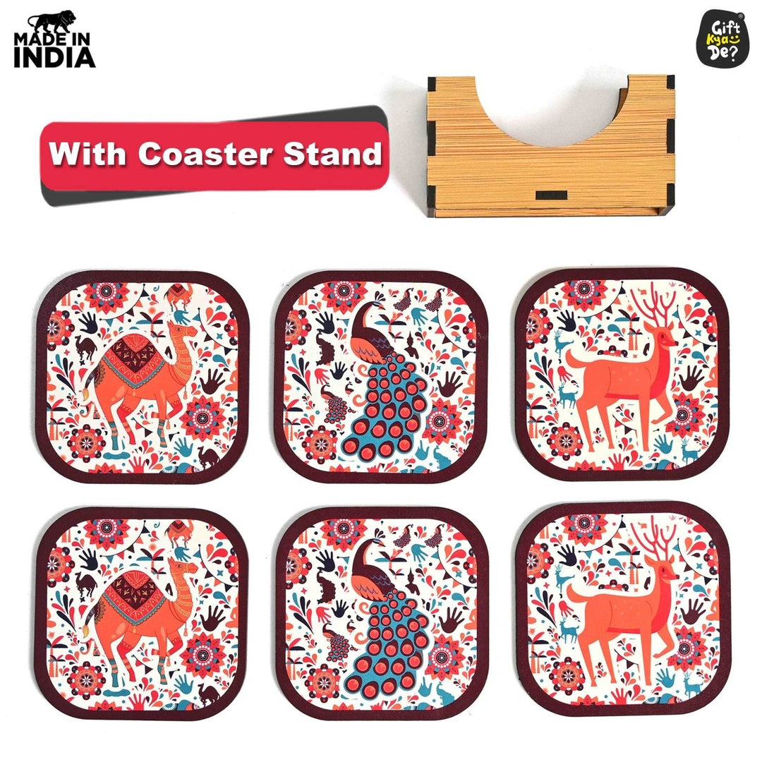 Gift Kya De Coaster Set of 6 Vibrant & Colorful India Design | Wooden Coasters With Coaster Stand | Kitchen Accessories (Ecofriendly)