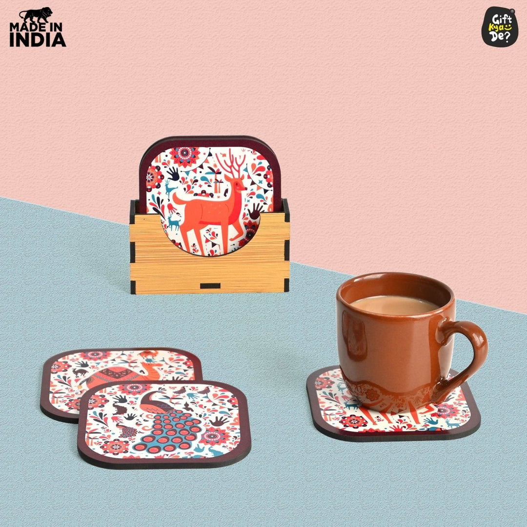 Gift Kya De Coaster Set of 6 Vibrant & Colorful India Design | Wooden Coasters With Coaster Stand | Kitchen Accessories (Ecofriendly)