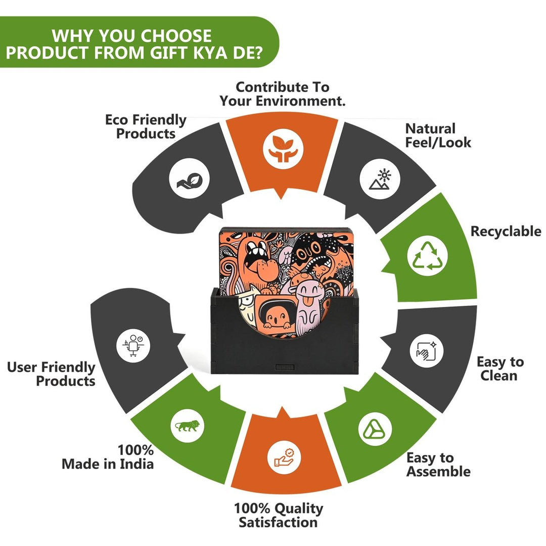 Gift Kya De Coaster Set of 6 Doodle & Emotive Design | Wooden Coasters With Coaster Stand | Kitchen Accessories (Ecofriendly)