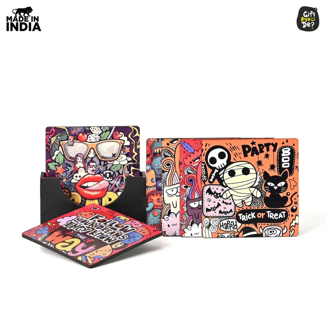 Gift Kya De Coaster Set of 6 Doodle & Emotive Design | Wooden Coasters With Coaster Stand | Kitchen Accessories (Ecofriendly)
