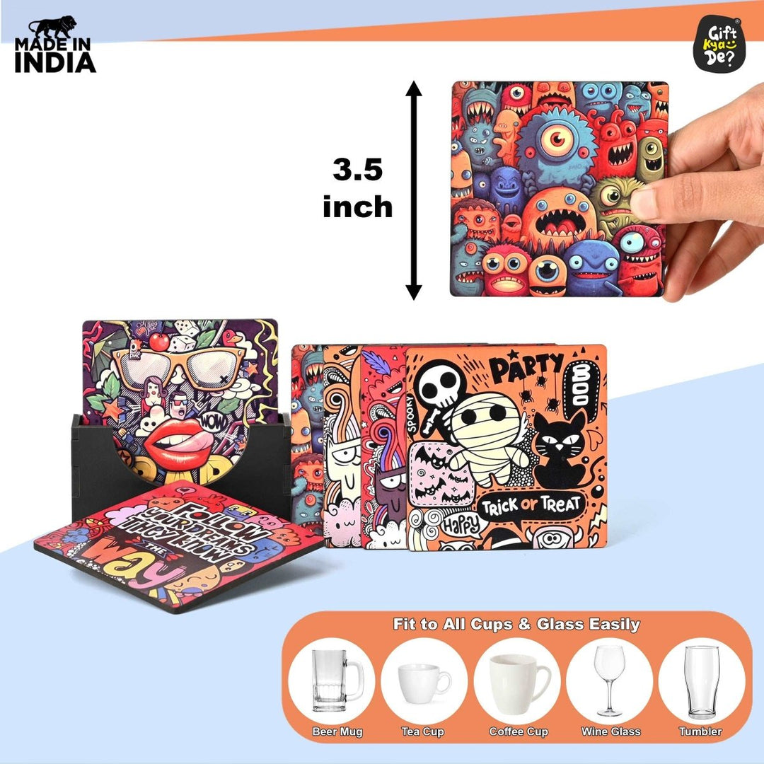 Gift Kya De Coaster Set of 6 Doodle & Emotive Design | Wooden Coasters With Coaster Stand | Kitchen Accessories (Ecofriendly)