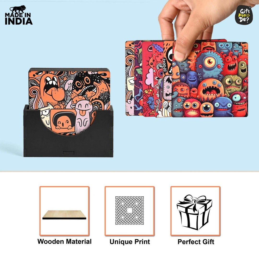 Gift Kya De Coaster Set of 6 Doodle & Emotive Design | Wooden Coasters With Coaster Stand | Kitchen Accessories (Ecofriendly)